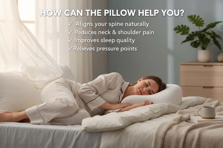 REAL PERSON SLEEPING ON ERGONOMIC PILLOW EDIT THE IMAGE WITH TEXT HOW CAN THE PILLOW HELP YOU